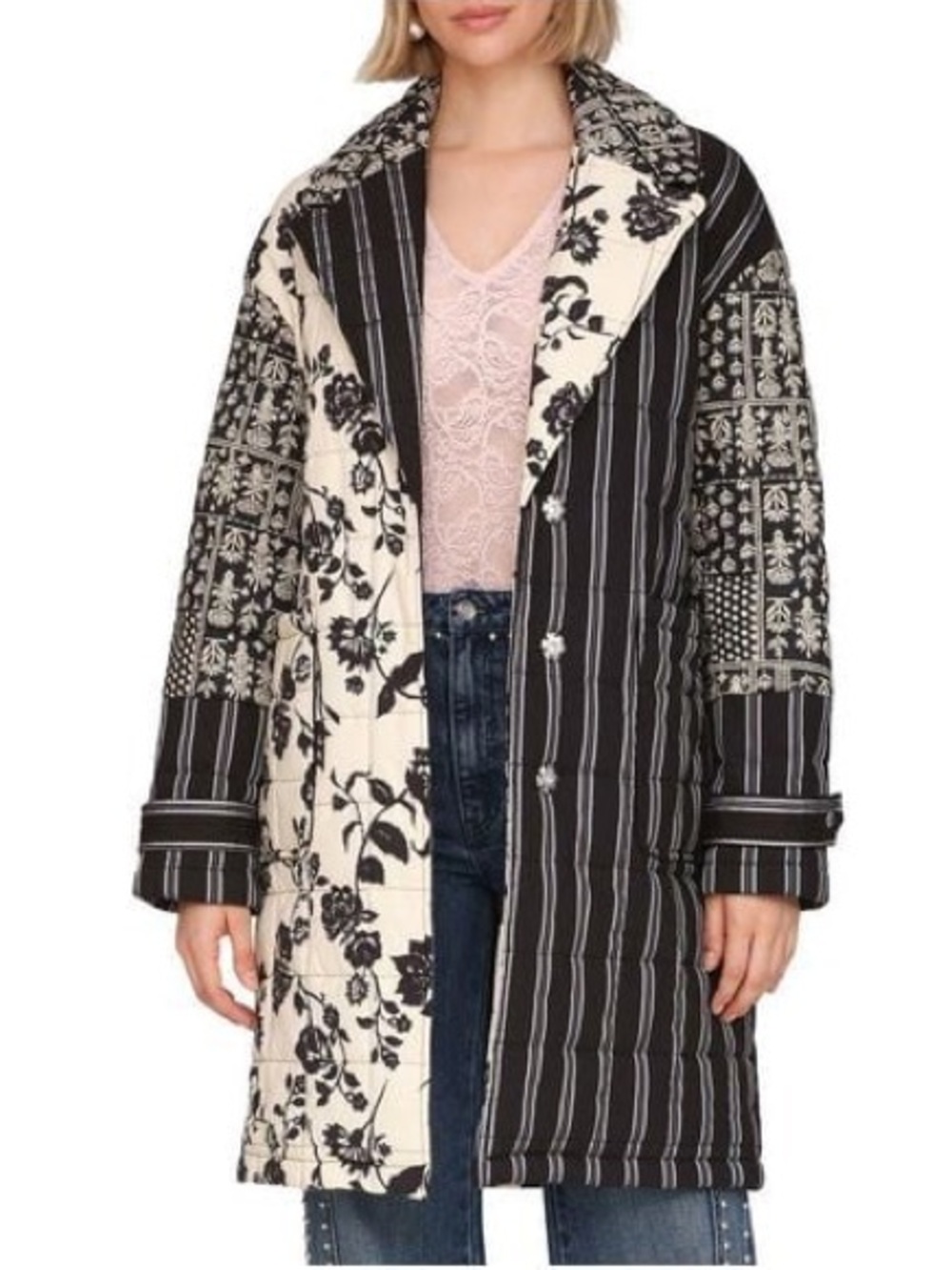 Avec Les Filles Quilted Floral Striped Robe Coat Size M